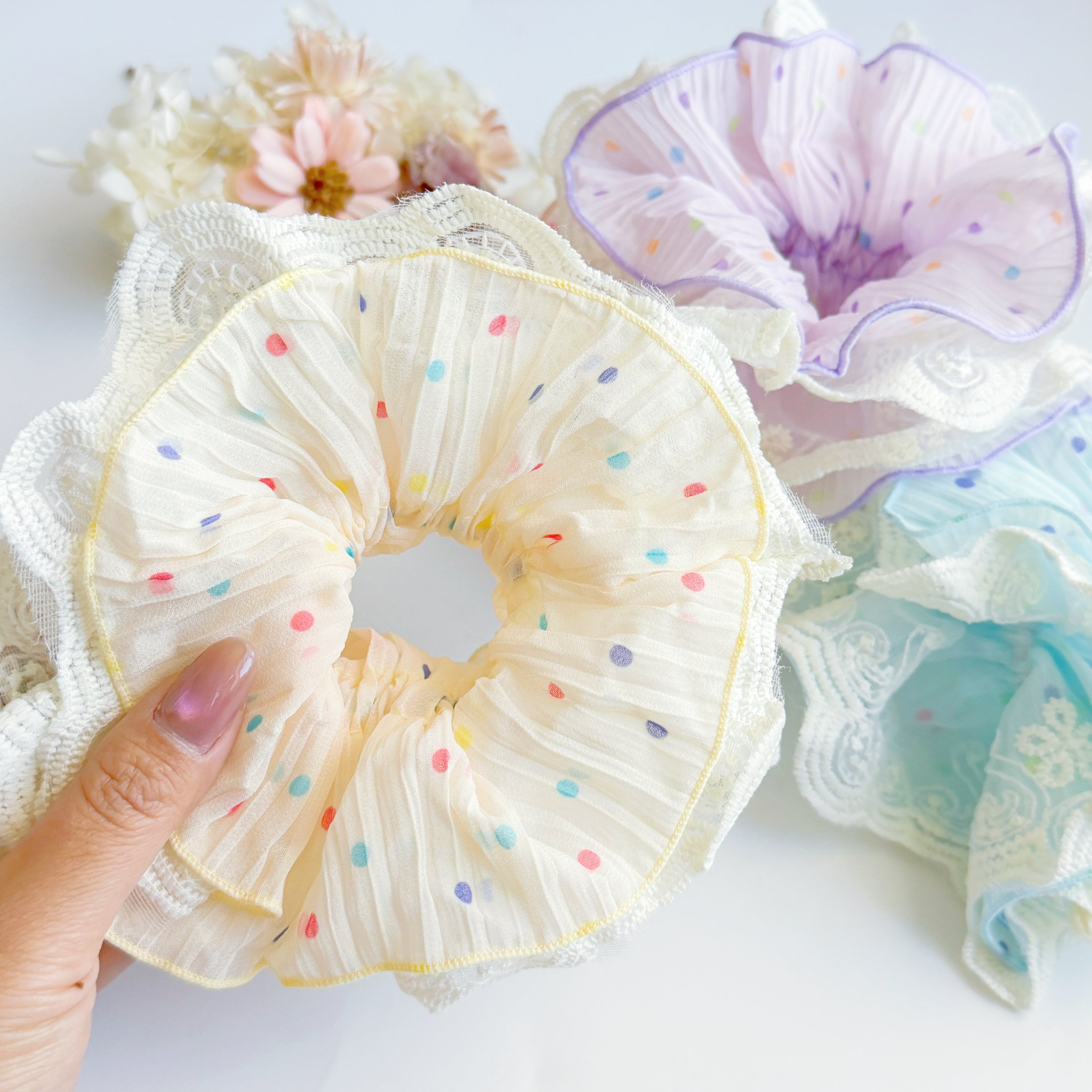 Sweet Pop Lace Scrunchies – Confetti Pastel Large Hair Scrunchie