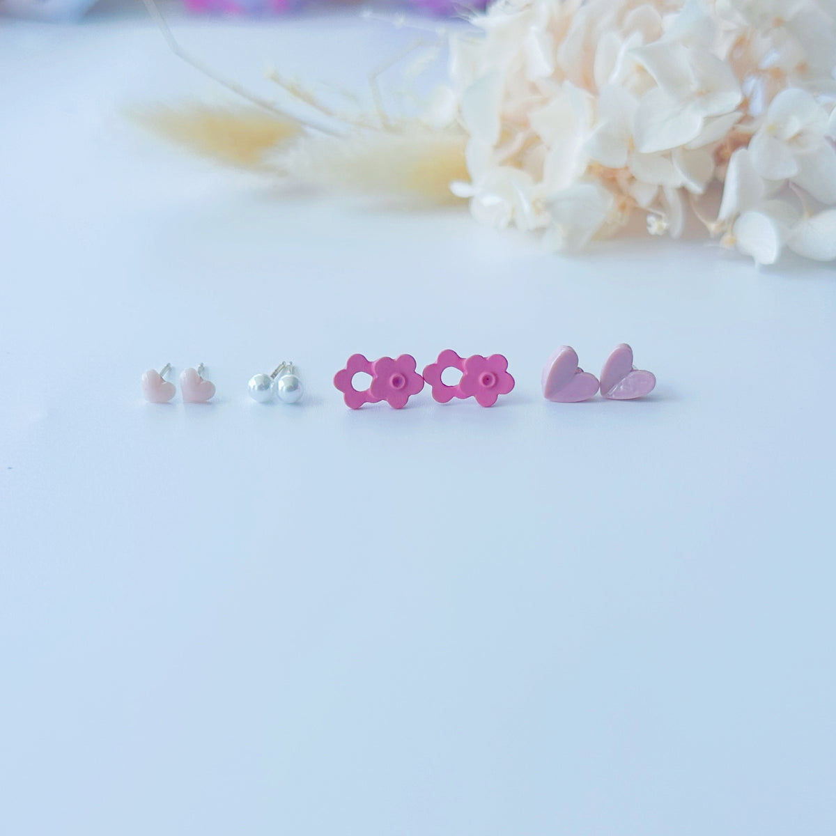 Sterling Silver Petite Studs 4 Pairs - Pink love heart set