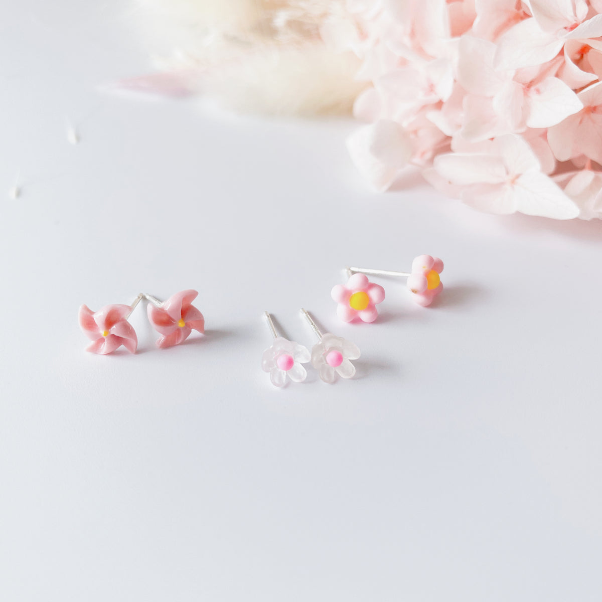 Sterling Silver Petite Studs 3 Pairs - Pink daisy