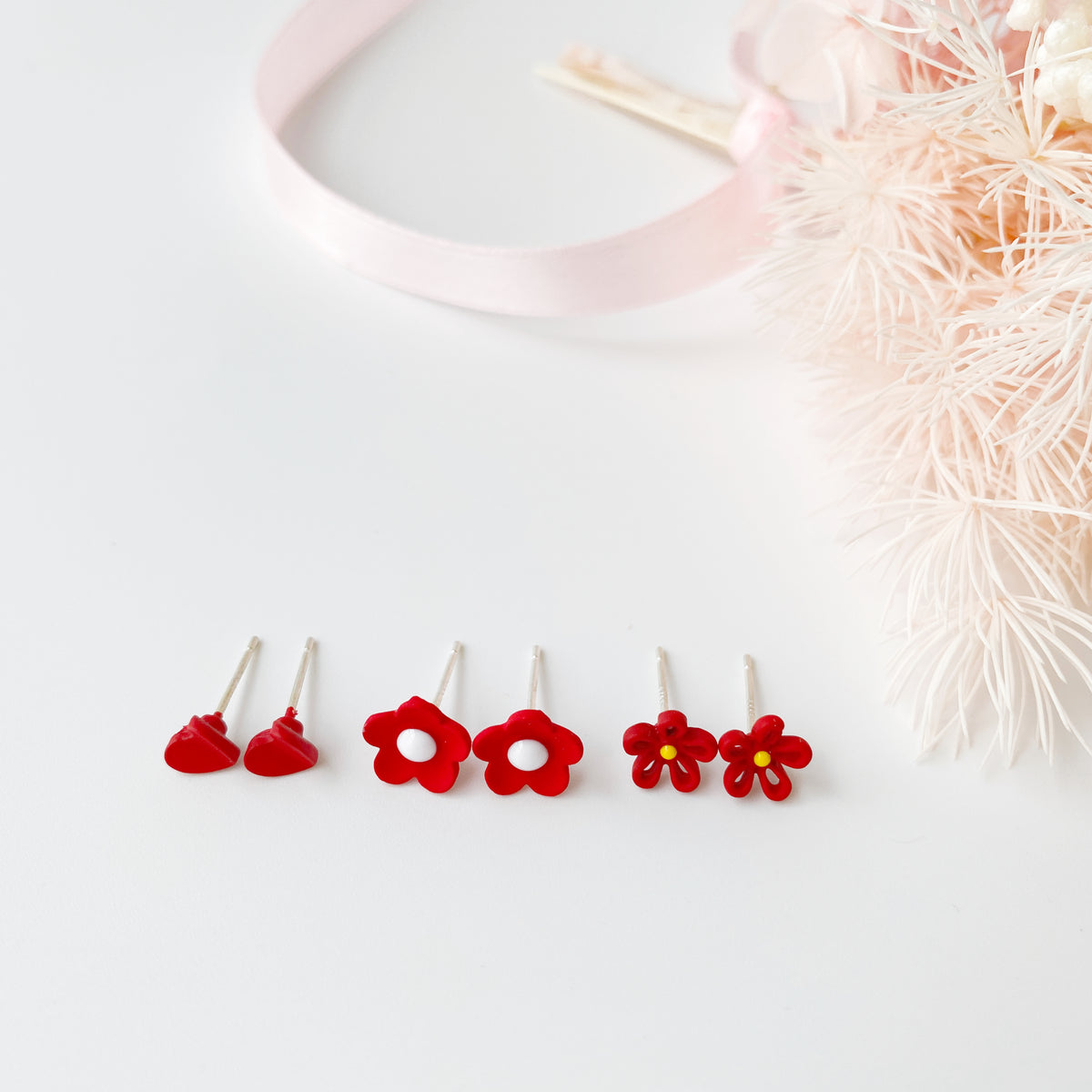 Sterling Silver Petite Studs 3 Pairs - Red Collection