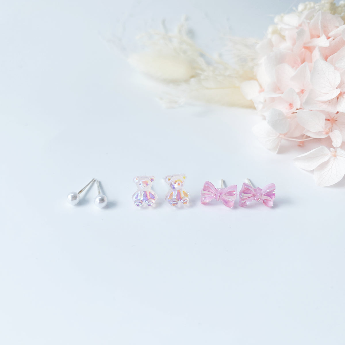 Sterling Sliver Petite Studs 3 Pairs - pink bear