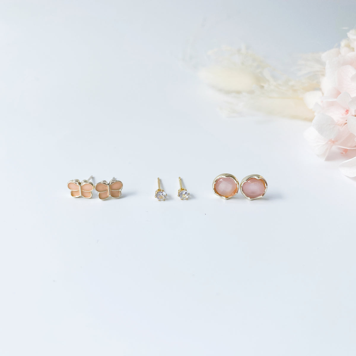 Sterling Sliver Petite Studs 3 Pairs - Peach Butterfly