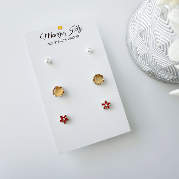 Sterling Silver Petite Studs 3 Pairs - Classic red flower