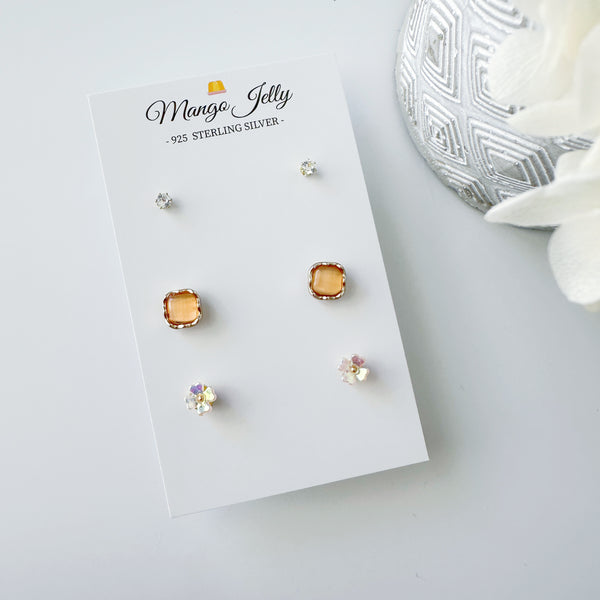 Sterling Silver Petite Studs 3 Pairs - Classic iridescent flowers