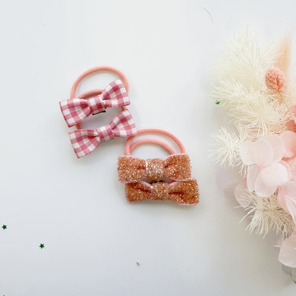 Classic bow hair ties (3cm hair ties)- Pink Check & glitter