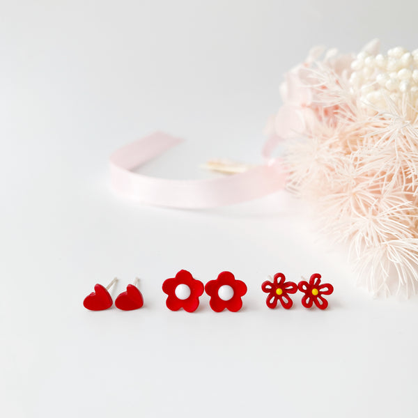 Sterling Silver Petite Studs 3 Pairs - Red Collection