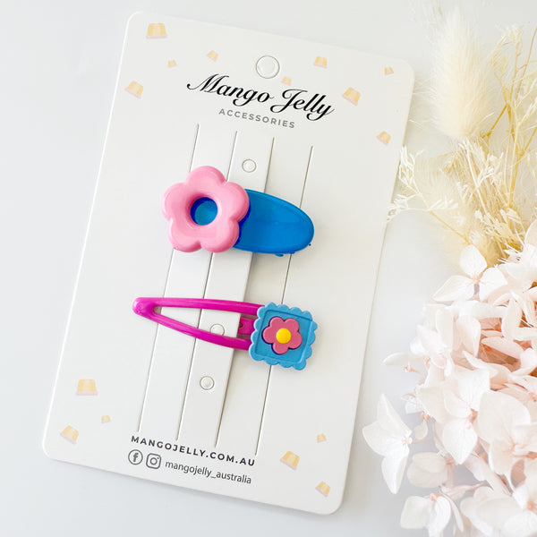 Pop flowers hair clips - Blue x rose pink