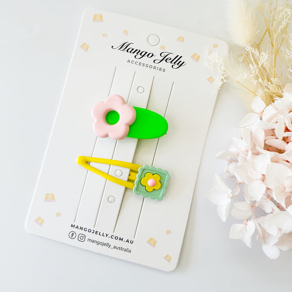 Pop flowers hair clips - Hot green x pastel yellow