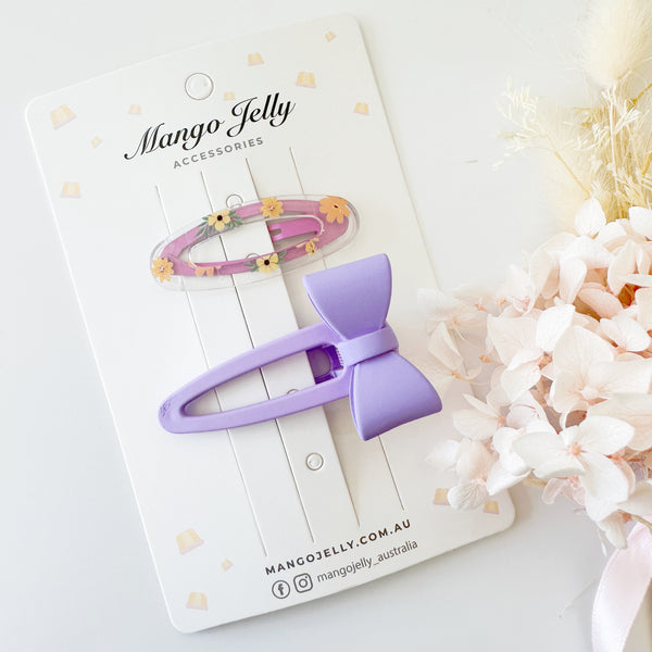 Cute bow clips with matching flower snaps - Purple