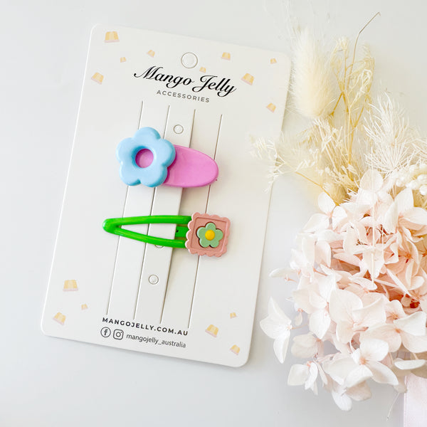 Pop flowers hair clips - pink x neon green